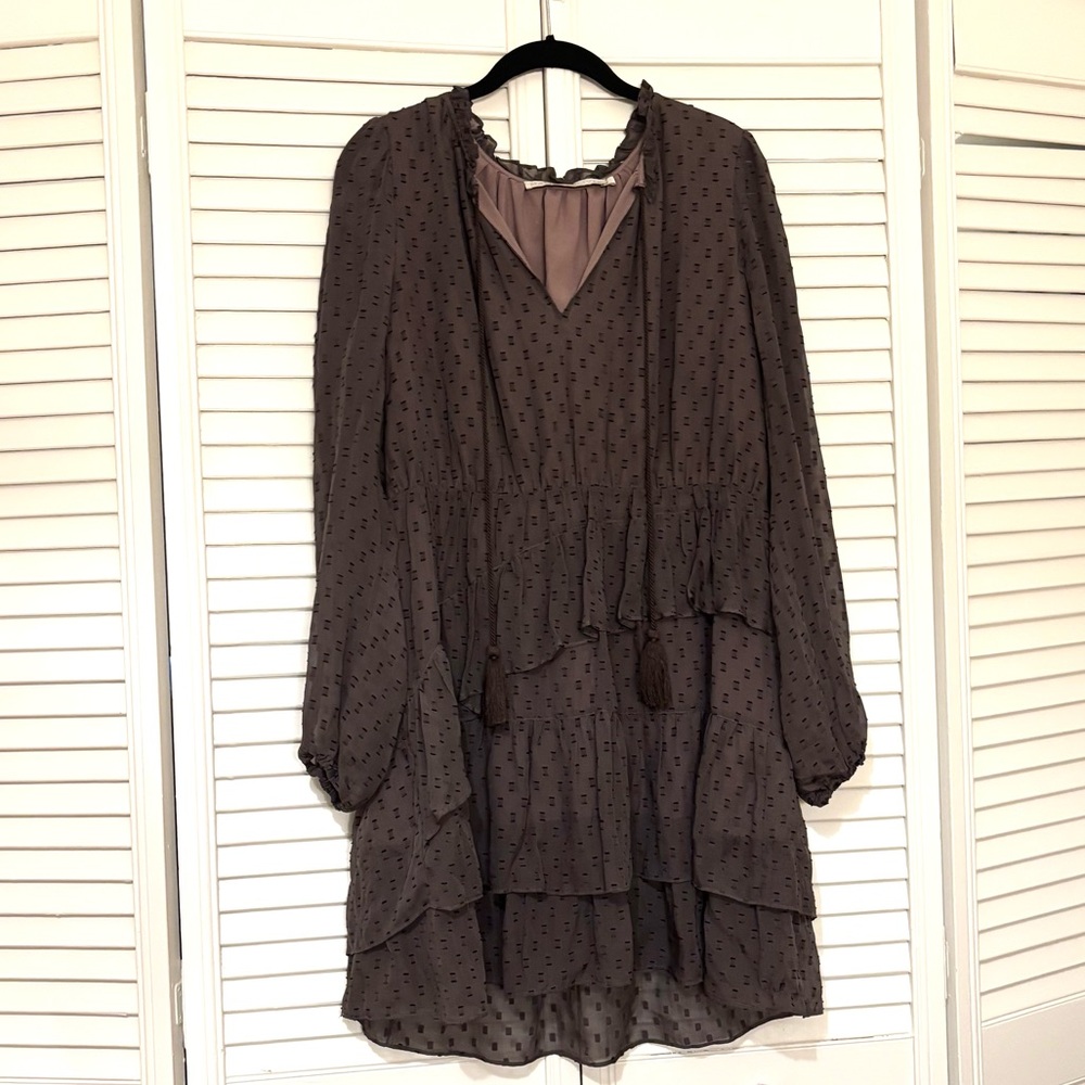 Marie Oliver Wynona Silk-Blend Tiered Mini Dress in Chocolate Brown Large - Picture 2 of 5